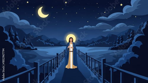Woman standing on a bridge at night under a crescent moon and starry sky serene landscape with lake and mountains spiritual concept