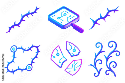 Neon Wire Artistry. Isometric vector illustration set Bramble Wire Lens: glowing bramble strands, neon magnifying panels, floating