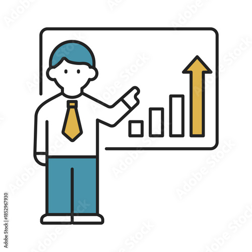 ホワイトボードのグラフを指差ししながら、ビジネスプレゼンテーションをする男性のアイコン（線幅変更可能・カラー）