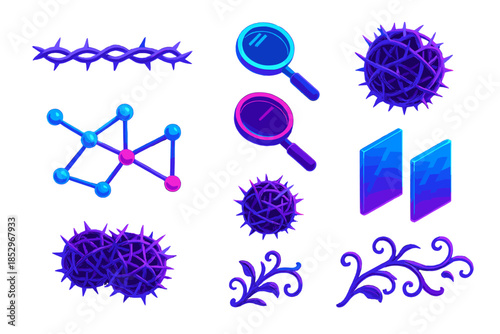 Neon Bramble Vectors. Isometric vector illustration set Bramble Wire Lens: glowing thorny wires, neon magnifying lenses, floating