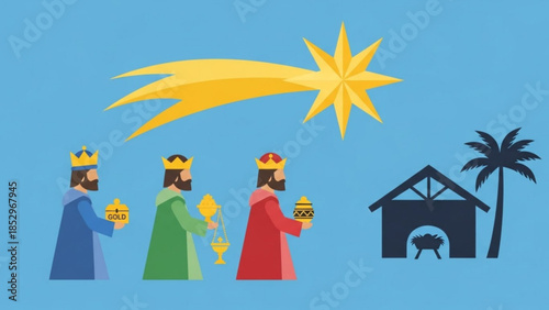 Three wise men following a star to a stable with a palm tree flat vector illustration for Christmas nativity scenes and religious concepts
