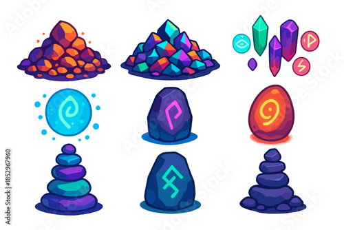 Neon Oracle Stones. Isometric vector illustration set Talus Scree Oracle: glowing scree piles, neon talus rocks, floating