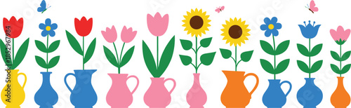 Colorful flowers in vases vector illustration set with tulips sunflowers and decorative floral arrangements