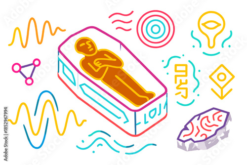 Luminous Sarcophagus Design. Isometric vector illustration set Sarcophagus Hum Diagram: luminous sarcophagus panels, neon