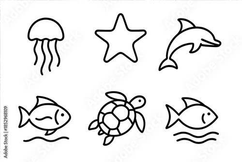 Marine Life Icons. Line style icons of Marine Life: sea creature outline, reef dweller, dorsal fin form, flowing tail, underwater