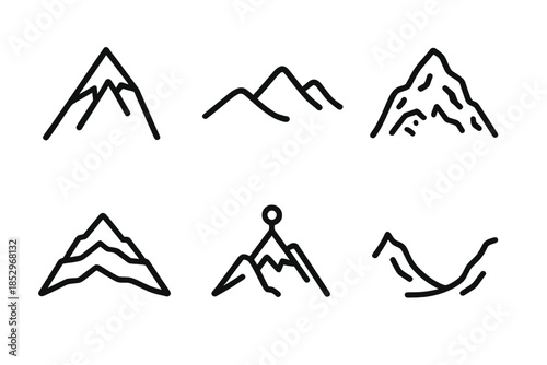 Mountain Line Icons. Line style icons of Mountain: tall peak, ridge line, rocky slope, layered mountain, summit point, valley