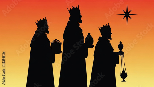 Three Wise Men silhouettes carrying gifts and incense with a star in the sky representing the Nativity story and Christmas isolated on a gradient background