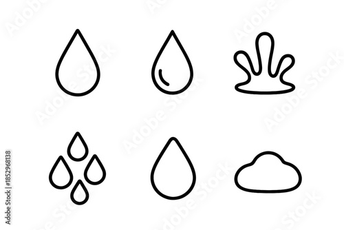 Raindrop Icon Series. Line style icons of Raindrop: single drop, falling drop, splash shape, droplet cluster, rounded drip, soft