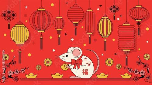 Chinese New Year of the Rat illustration with festive lanterns and gold coins on red background
