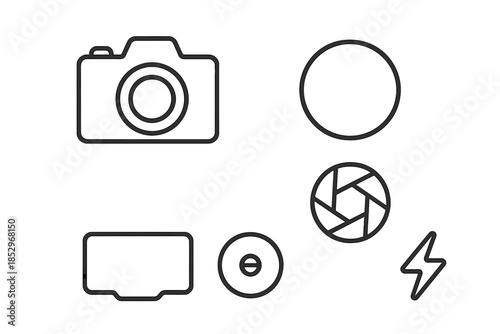 Camera Icon Set. Line style icons of Camera: camera body, lens circle, shutter outline, viewfinder shape, tripod mount, flash mark