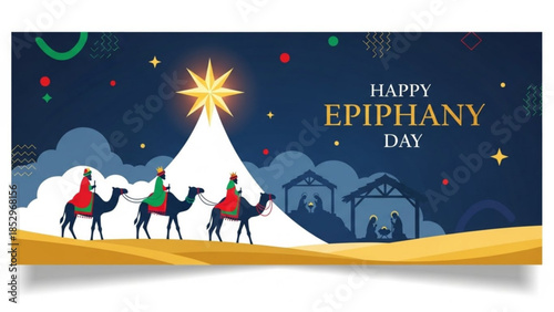 Three Wise Men on camels following the Star of Bethlehem Epiphany celebration with nativity scene vector illustration for greeting cards and banners