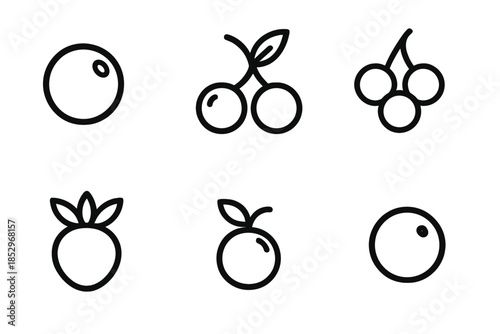 Berry Line Icons. Line style icons of Berry: round berry, berry pair, berry cluster, leaf-topped berry, small fruit, simple berry