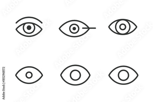 Vision Icons Collection. Line style icons of Vision Symbols: gaze curve, sight line, subtle iris, small pupil dot, rounded contour