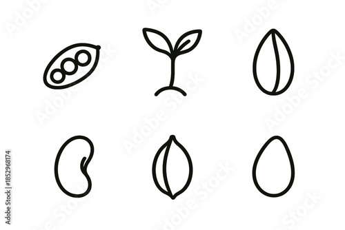 Plant Origin Icons. Line style icons of Plant Origins: tiny pod form, sprout hint, natural kernel, soft curve seed, minimal pod,