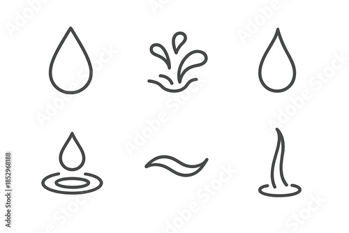 Water Shape Icons. Line style icons of Water Shapes: liquid bead, tiny splash, curved drip, ripple droplet, flow mark, subtle fall