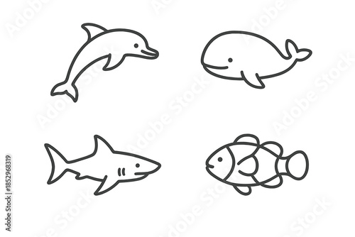 Marine Creature Icons. Line style icons of Marine Creatures: soft curve body, gentle fin line, subtle snout, calm outline, tiny