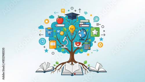 Tree of knowledge with educational icons symbolizing learning and growth perfect for academic concepts and online courses