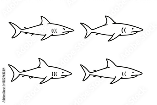 Marine Predator Icons. Line style icons of Marine Predators: sleek swimmer, pointed snout, curved fin line, subtle tail arc,