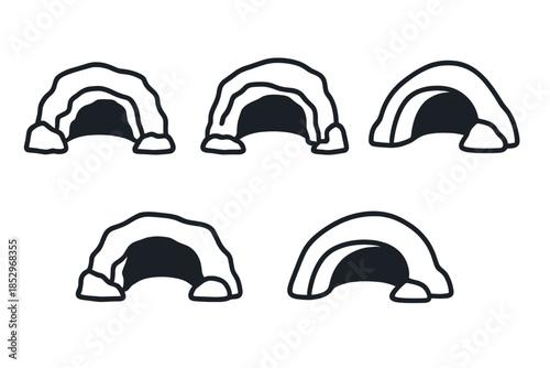 Rock Shelter Icons. Line style icons of Rock Shelters: rugged arch, hollow space, curved stone frame, natural opening, subtle