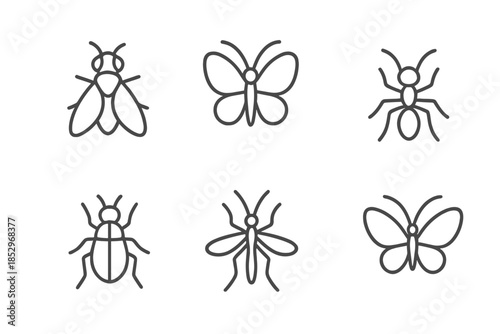 Line Style Insects. Line style icons of Insects: tiny flier, soft wing arc, slender legs, delicate antenna line, minimal body,