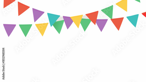 Colorful bunting flags hanging against a clean white background party decoration