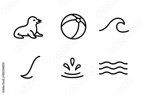 Shoreline Icon Art. Line style icons of Shoreline Ball Scene: lounging creature, beach ball, soft wave, whisker curve, small