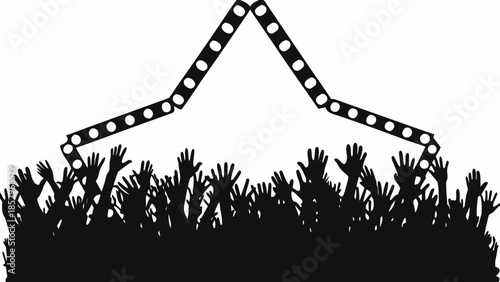 A crowd of people with raised hands under a decorative jagged archway