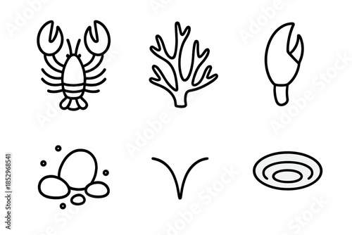 Lobster Coral Icon. Line style icons of Lobster Coral Claw: lobster silhouette, coral branch, sharp claw, seabed stones, antenna