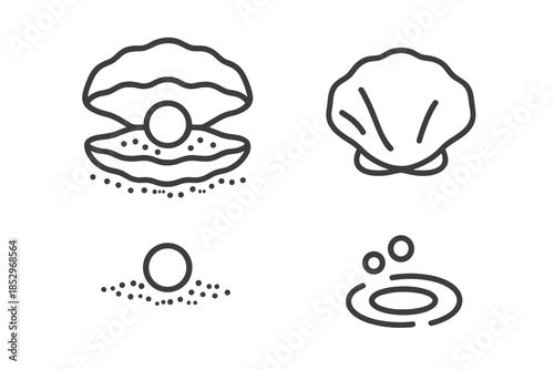 Sand Pearl Icon. Line style icons of Sand Pearl Cradle: oyster outline, lifted shell, centered pearl, grainy seabed, pebble dots,