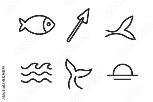 Oceanic Spear Motion Icons. Line style icons of Oceanic Spear Motion: fish outline, pointed blade, layered waves, tail sweep, foam