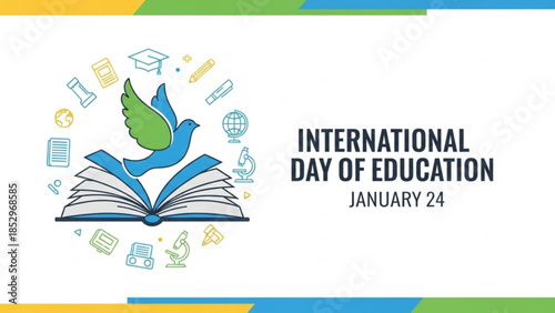 International Day of Education graphic featuring an open book with a dove and educational icons symbolizing knowledge and learning perfect for awareness campaigns and social media