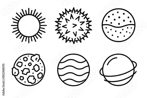 Marine Thorn Icon. Line style icons of Marine Thorn Sphere: bristled outline, cluster spines, sandy layer, reef crumbs, water
