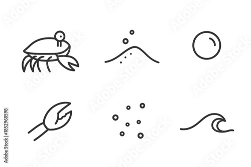 Sandgrain Crab Icons. Line style icons of Sandgrain Crab Scene: crab profile, fine sand, small air bubble, pincer motion, beach