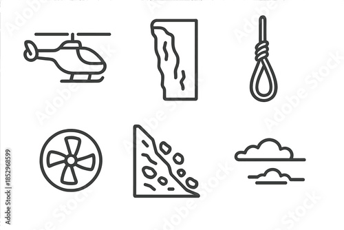 Cliffside Rescue Icons. Line style icons of Cliffside Save Crew: aerial outline, vertical cliff, rescue rope, rotor drift, stone