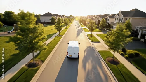 High aerial view drone shot following a generic white delivery van speeding along a sunlit suburban neighborhood street delivering goods cargo, commercial, overhead