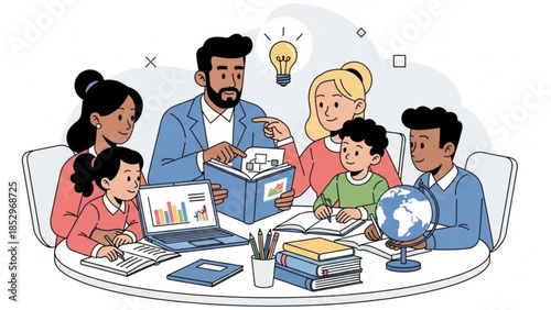 Diverse family learning together parents teaching children with books laptop and globe concept for education and knowledge sharing