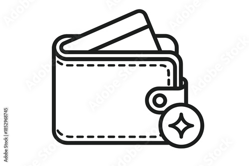 Wallet Icon Design. Line style icons of Recall Wallet Scene: leather outline, folded edge, card nook, coin detail, seam arc,