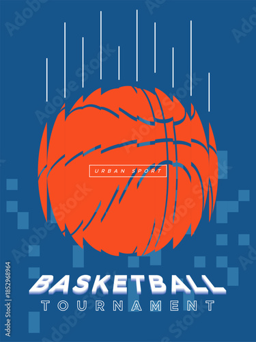 Vintage basketball tournament poster featuring an orange ball with motion lines on a blue background. Retro urban sport graphic design with minimalist typography and pixel art elements. National Sport
