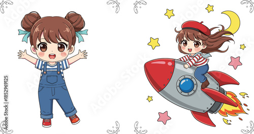 Cute Anime Girl Vector Character Set Featuring Happy Child in Denim Overalls and Riding Space Rocket Among Stars