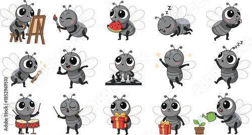 Cute ant character poses vector illustration set with playful cartoon insect activities emotions and daily actions