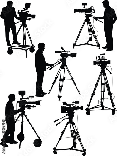Professional broadcast camera operators silhouettes working with tripods in television studio production videography filmmaking media workflow vector illustration set collection
