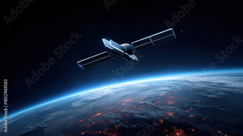 Wallpaper Mural Nextgen satellite in earth orbit captures glowing city lights and clouds on planet surface in space Torontodigital.ca