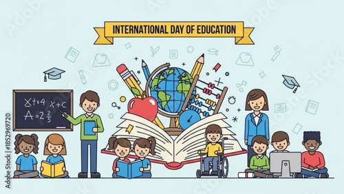 International Day of Education illustration diverse students learning with teachers and school supplies concept for knowledge and global learning