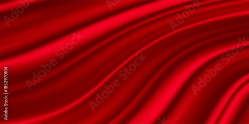 Realistic red silk top view vector background. Elegant and soft royal backdrop of shine flowing surface. Red luxurious background design. Vector illustration