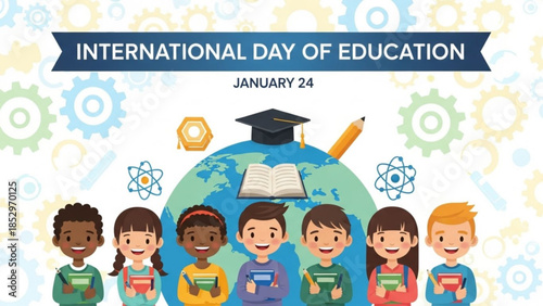 International Day of Education banner with diverse children globe books and graduation cap celebrating learning and knowledge for a better future