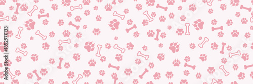 Seamless pattern of footstep cat paws, cat, dog pink color foot, animal. Dog, cat paw and bone seamless vector. Animal, pet, wallpaper, white, background. Bear, panda, tiger stamp repeat foot track.