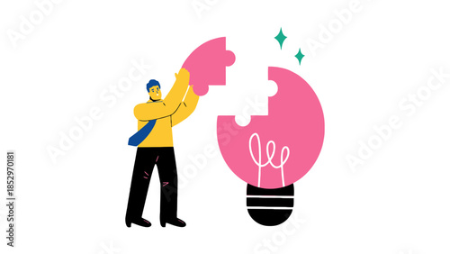A person places the final puzzle piece into a lightbulb representing an idea.