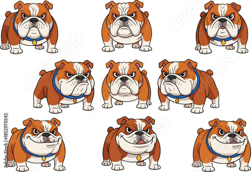 Cute bulldog dog character poses vector illustration set with funny expressions cartoon pet mascot design
