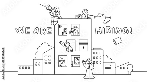 A building with the words "WE ARE HIRING!" displayed and people in windows.