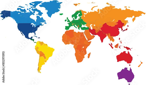 Colorful World Map Vector with Continents in Rainbow Colors Isolated